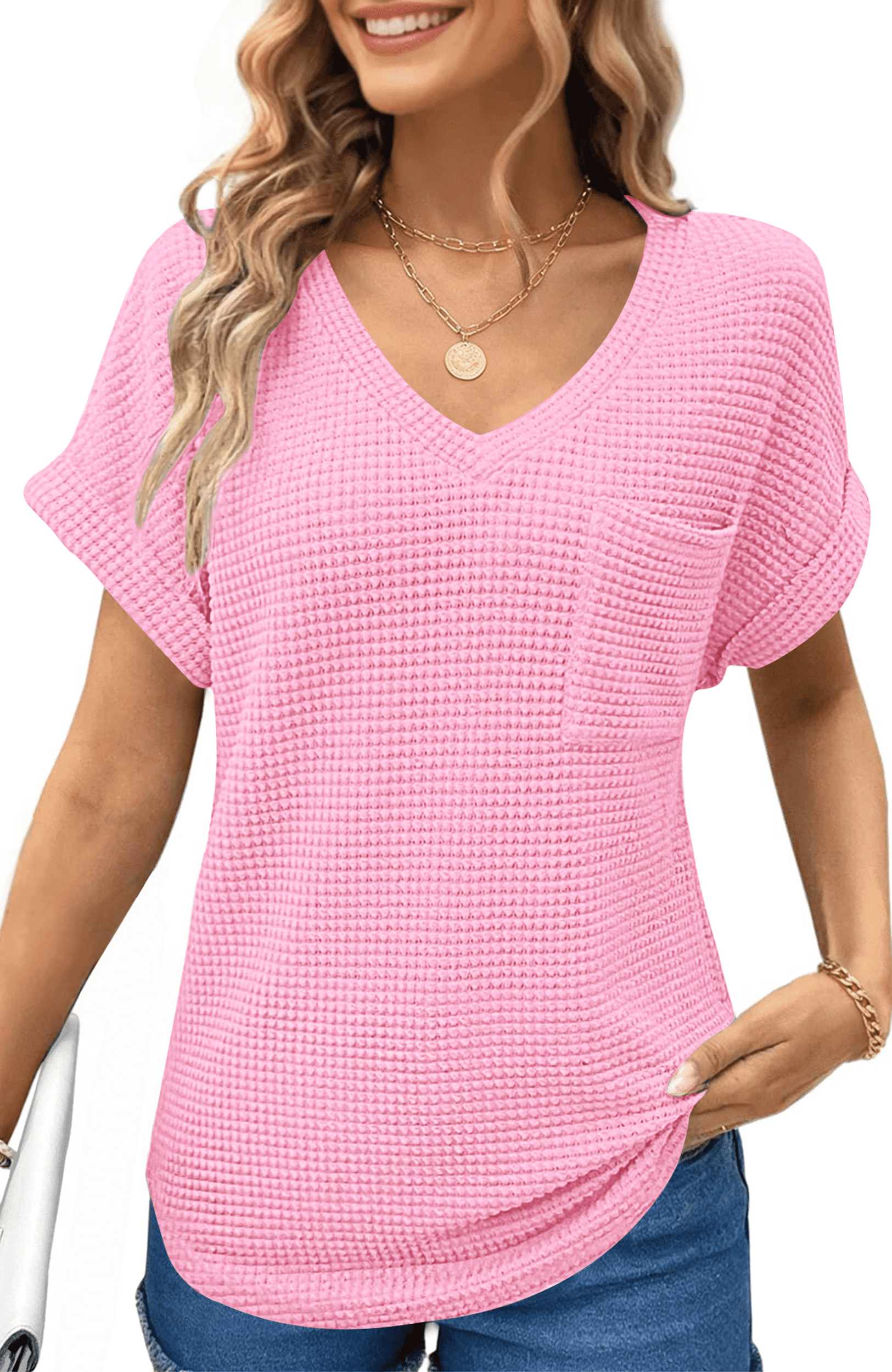 UVN Womens Summer Tops Short Sleeve V Neck Blouses Ladies Casual Waffle ...