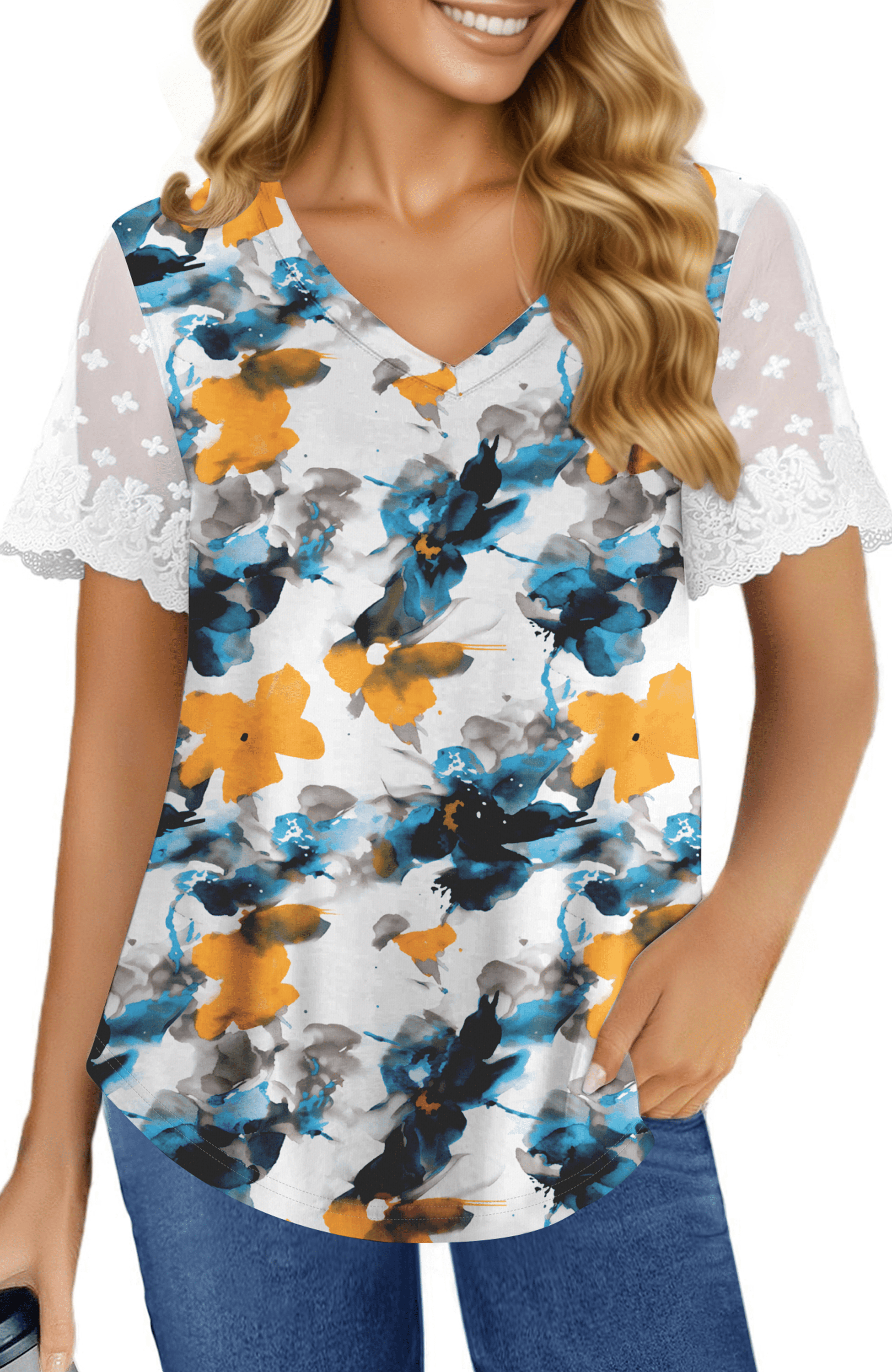 UVN Womens Summer Tops V Neck Lace Short Sleeve Shirts Casual Curved ...