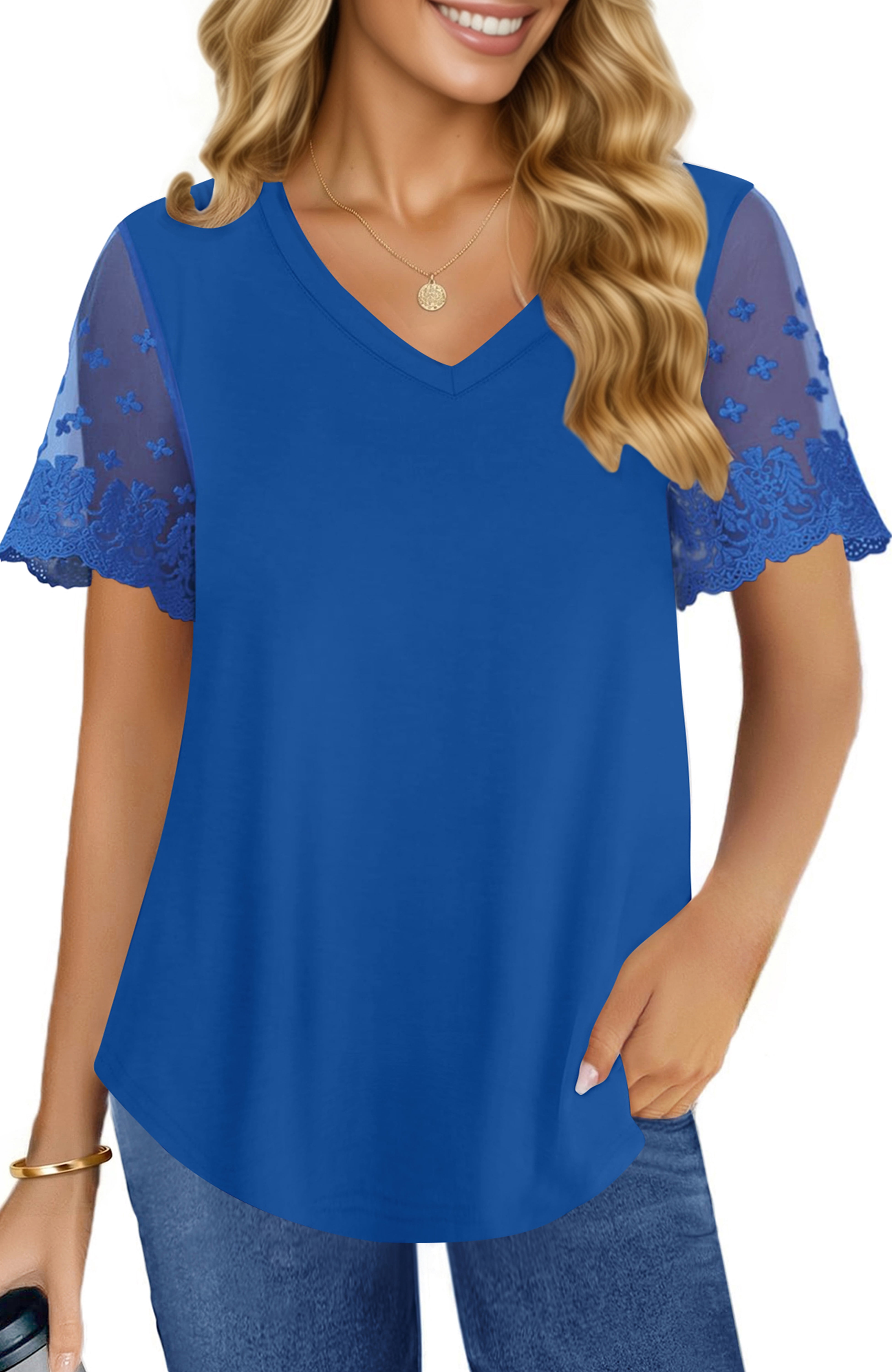 UVN Womens Summer Tops V Neck Lace Short Sleeve Shirts Casual Curved ...