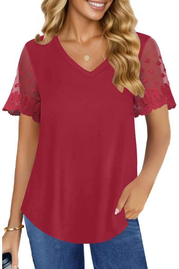 Womens Summer Tops V Neck Lace Short Sleeve Shirts Casual Curved Hem Loose Fit Blouses