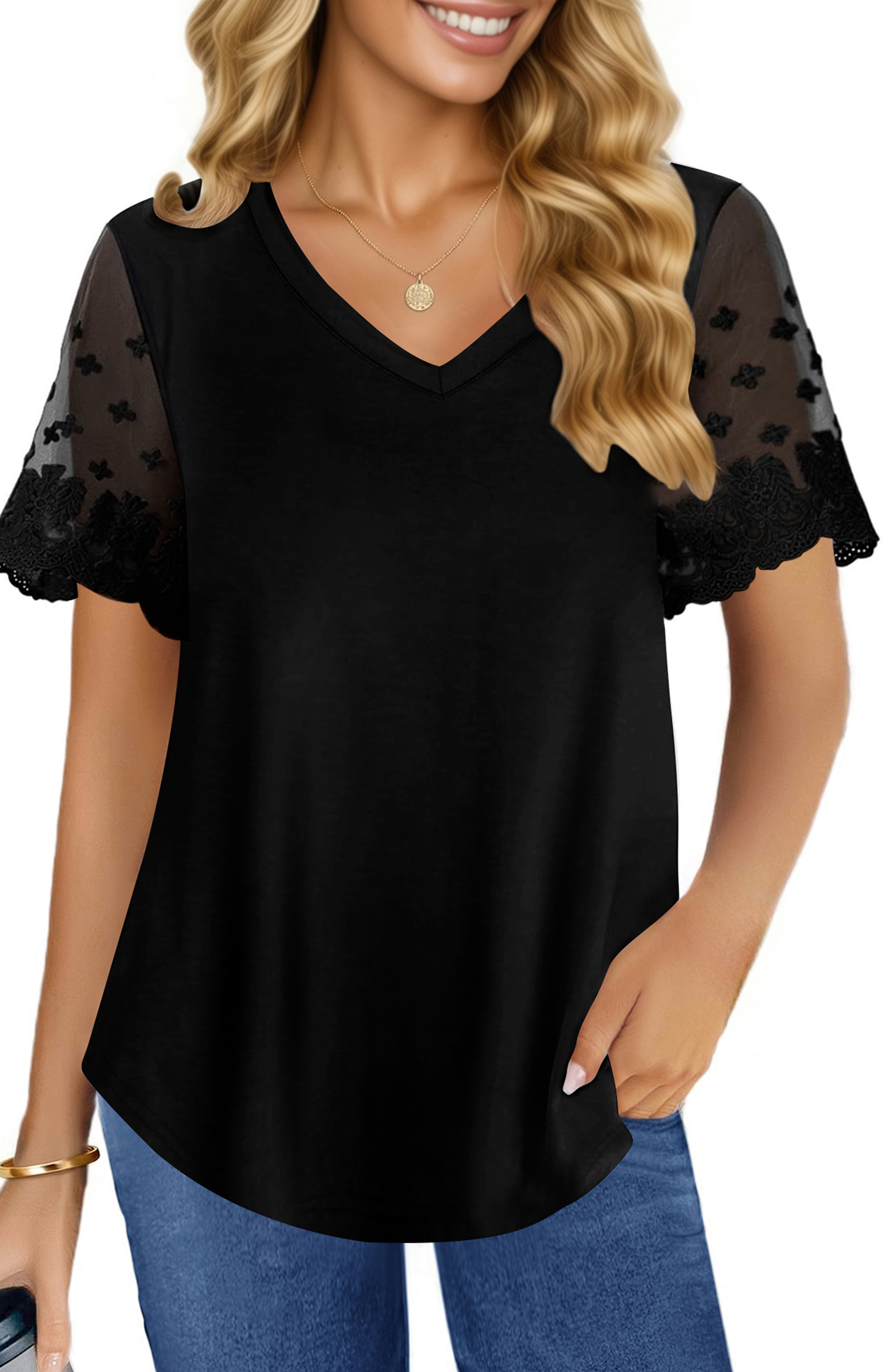 UVN Womens Summer Tops V Neck Lace Short Sleeve Shirts Casual Curved ...
