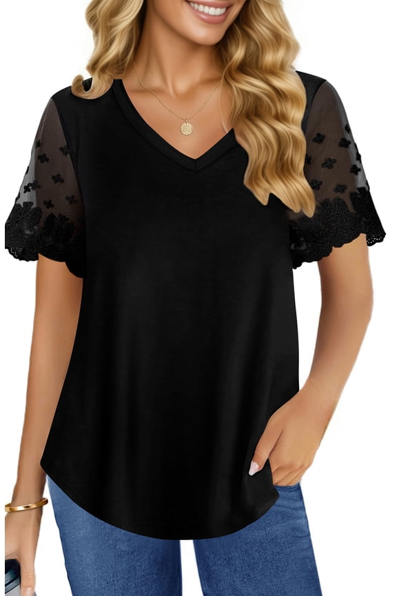Womens Summer Tops V Neck Lace Short Sleeve Shirts Casual Curved Hem Loose Fit Blouses