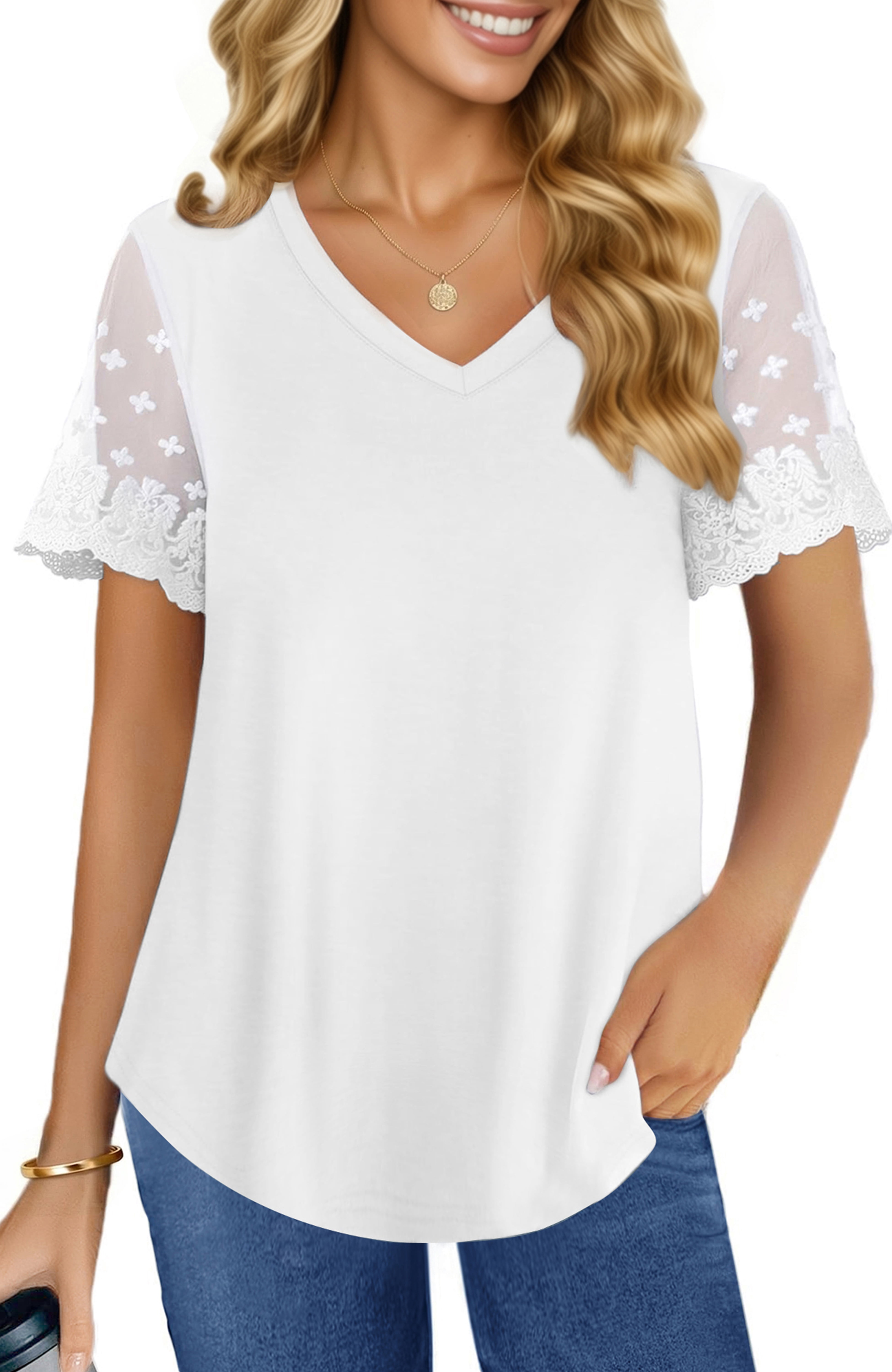 UVN Womens Summer Tops V Neck Lace Short Sleeve Shirts Casual Curved ...