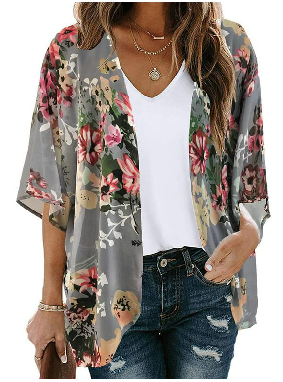 UVN Womens Swimsuits Cover-Ups Summer Plus Size Floral Print Kimono Cardigan Casual Short Sleeve Tops Loose Fit Coverups