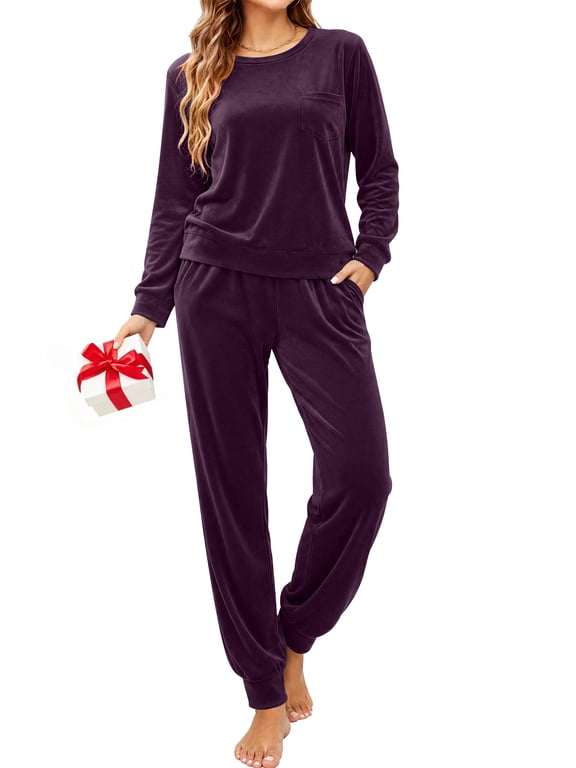 Womens Velvet Pajamas Sets Winter 2 Piece Outfits Ladies Fleece Long Sleeve Sleepwear with Pockets