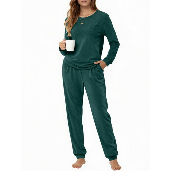 UVN Womens Velvet Pajamas Sets Winter 2 Piece Outfits Ladies Fleece Long Sleeve Sleepwear with Pockets
