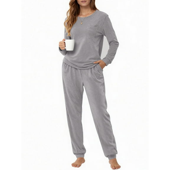 UVN Womens Velvet Pajamas Sets Winter 2 Piece Outfits Ladies Fleece Long Sleeve Sleepwear with Pockets