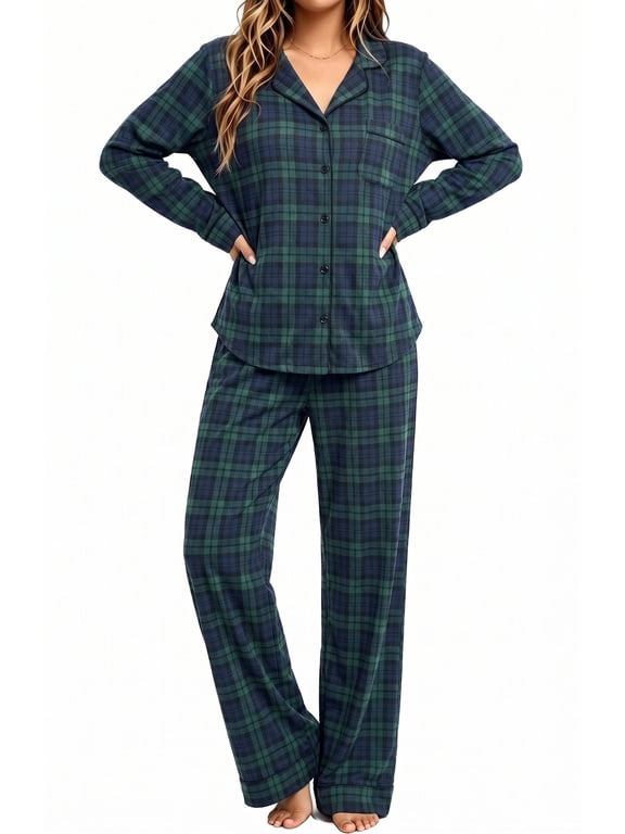 Womens Winter Pajama Long Sleeve Casual Ladies Button Down Lounge Set for Women Soft Sleepwear Set with Pockets