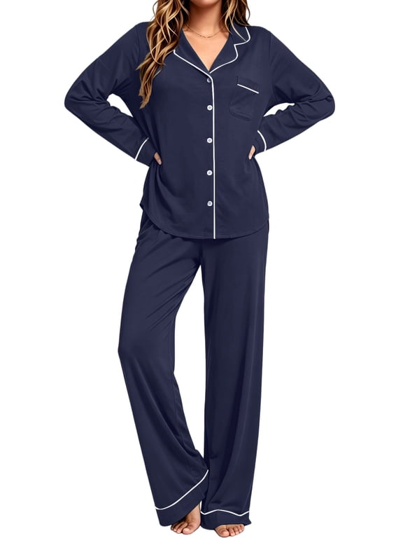 Womens Winter Pajama Long Sleeve Casual Ladies Button Down Lounge Set for Women Soft Sleepwear Set with Pockets