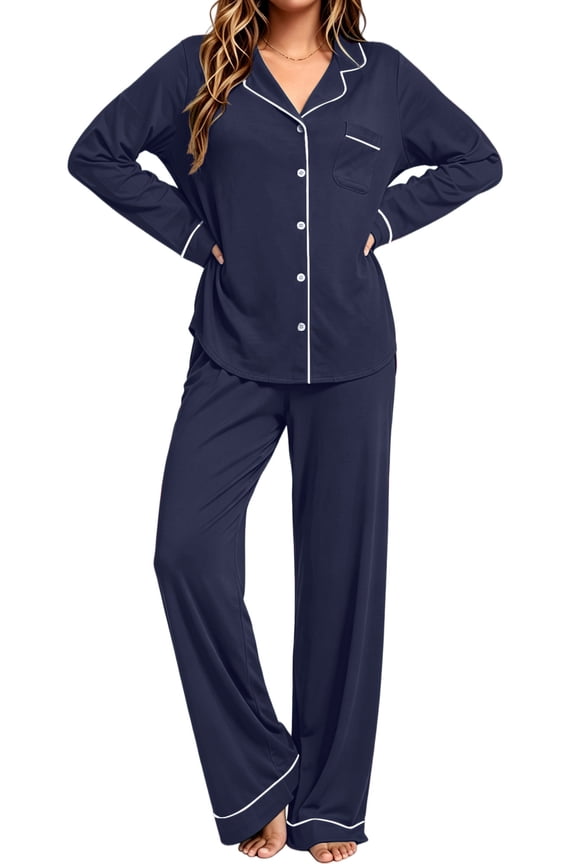 Womens Winter Pajama Long Sleeve Casual Ladies Button Down Lounge Set for Women Soft Sleepwear Set with Pockets