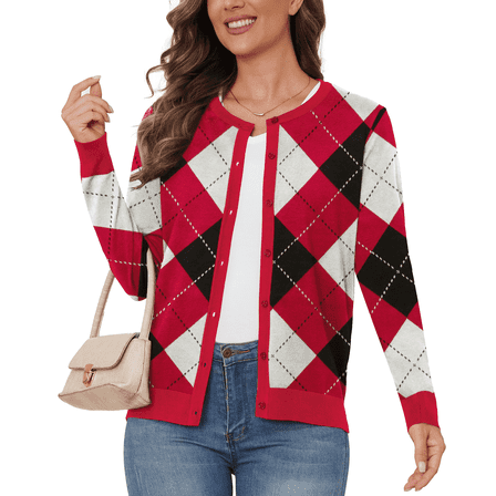 UVPLove Women's Button-Down Cardigan Sweater,Red Argyle,S-3XL