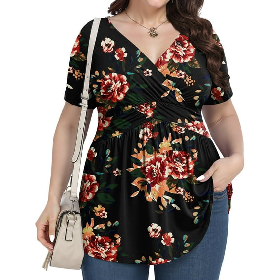 UVPLove Women's Plus Size V Neck Casual Knit T-shirts Short Sleeve Blouse & Top,Brown Floral, 2XL