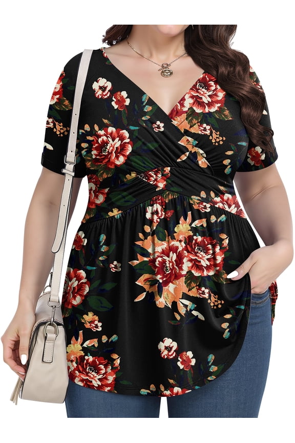 Women's Plus Size V Neck Casual Knit T-shirts Short Sleeve Blouse & Top,Brown Floral, L