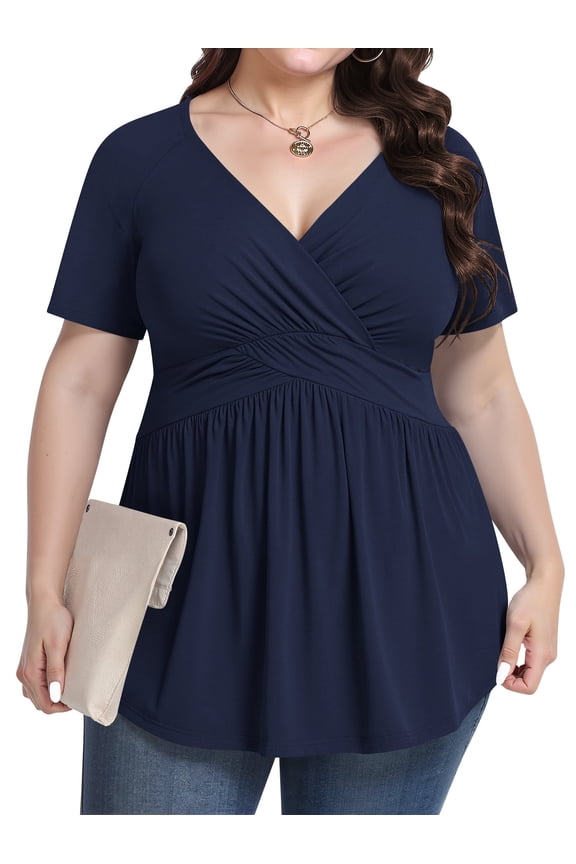 Women's Plus Size V Neck Casual Knit T-shirts Short Sleeve Blouse & Top,Navy Blue, 2XL