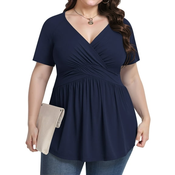 UVPLove Women's Plus Size V Neck Casual Knit T-shirts Short Sleeve Blouse & Top,Navy Blue, L