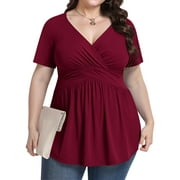 UVPLOVE Women's Plus Size V Neck Casual Knit T-shirts Short Sleeve Blouse & Top,Wine Red, 2XL