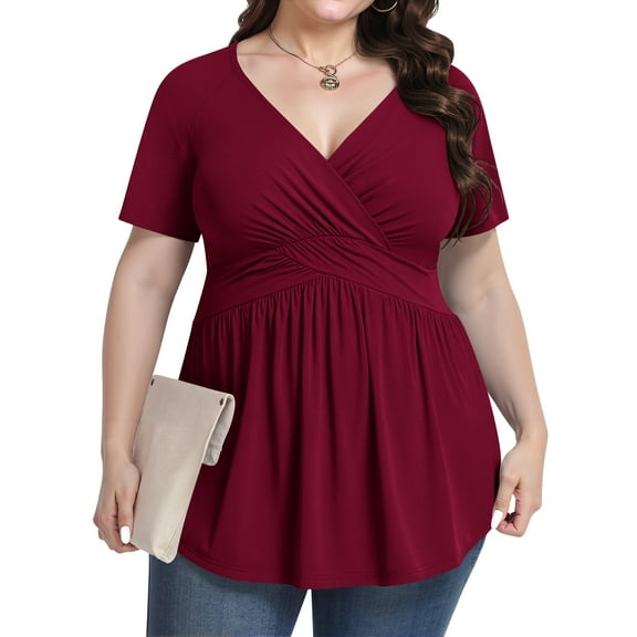 UVPLove Women's Plus Size V Neck Casual Knit T-shirts Short Sleeve Blouse & Top,Wine Red, 2XL