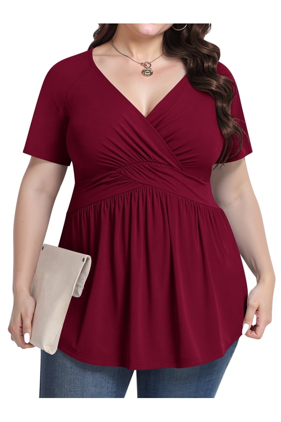 Women's Plus Size V Neck Casual Knit T-shirts Short Sleeve Blouse & Top,Wine Red, L