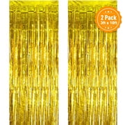 UWANTME 2 Pack Gold Metallic Foil Fringe Curtains, 3ft x 10ft Backdrop Curtains Streamers Party Decorations for Birthday, Wedding, Valentines Day, Christmas, Bachelorette, Baby Shower