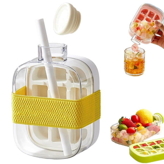 UWMDHRC 2026 Upgrade 2 in 1 Ice Cube Bottle with Straw,Portable Ice Cube Tray Built in Ice Mold Cup,Press to Release Touch Free Ice Tray Leak Proof Lid for Outdoor Office Travel Home Essential