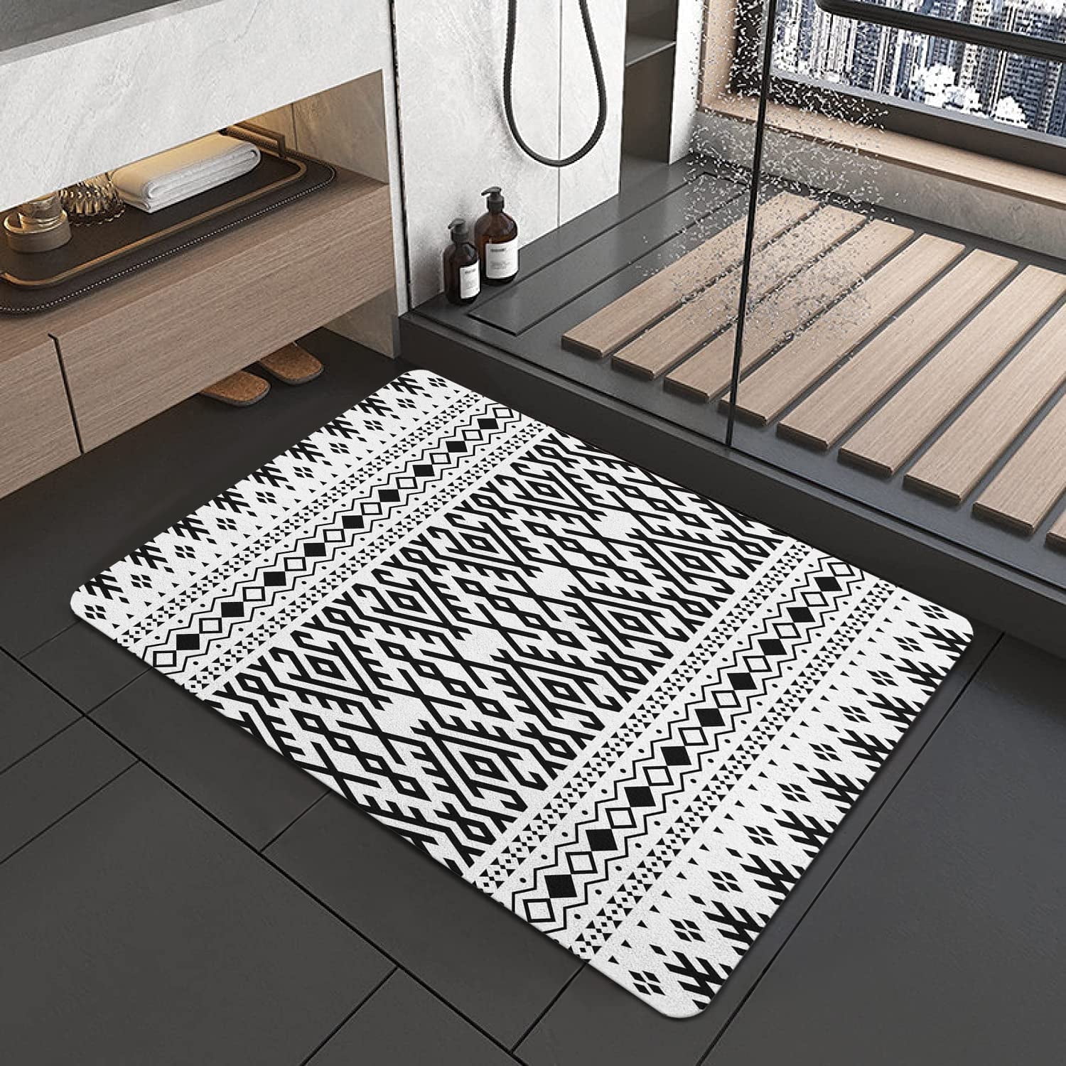 UWNRBG Quick Dry Bohemian Black White Bath Rug, 20" x 32", Non-Slip Backing