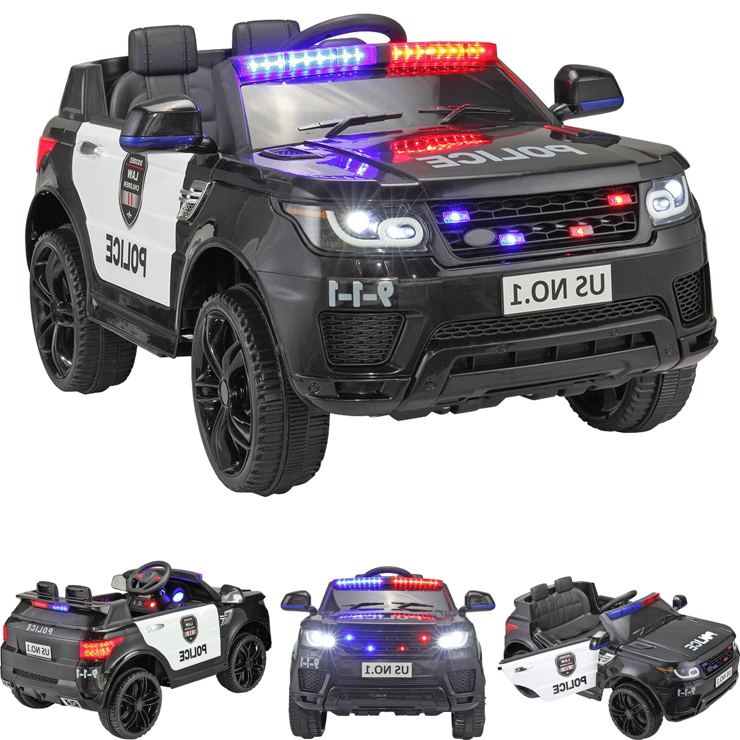 Black 12V Electric Ride-On Police Car with Sirens and Lights