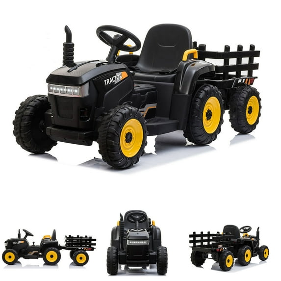 UWR-Nite 12V Battery-Powered Toy Tractor with Trailer and 35W Dual Motors, 3-Gear-Shift Ground Loader Ride On with LED Lights and USB & Bluetooth Audio Functions