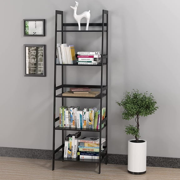 UWR-Nite Bookcase, 5-Tier Vintage Bookshelf, Ladder-Shaped Etagere Bookcases, Freestanding Display Storage Organizer, Tall Bamboo Shelving Unit for Living Room, Bedroom, Office