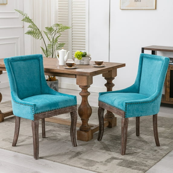 UWR-Nite Fabric Upholstered Side Chairs Set of 2, Solid Wood Kitchen Dining Room Chairs with Nailheads Solid Wood Legs
