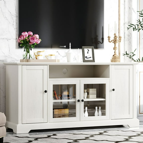 UWR-Nite Farmhouse Entertainment Center TV Stand for 65 Inch Televisions, Wooden Console Storage Cabinet Sideboard with Adjustable Shelves & Tempered Glass Doors