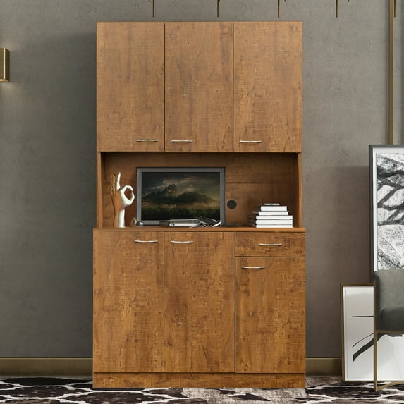 UWR-Nite Freestanding Kitchen Pantry Cabinet, Buffet Sideboard Storage Cabinet, Tall Wardrobe& Kitchen Cabinet with 6-Doors, 1-Open Shelves and 1-Drawer for Bedroom, Kitchen