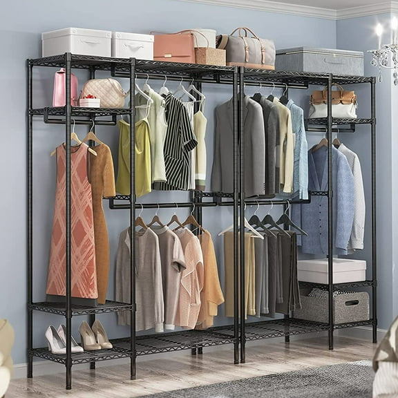 UWR-Nite Garment Rack, Heavy Duty Clothes Racks with 3 Hanging Rods, 4 Tiers Wire Shelving Clothing Rack Freestanding Closet Metal Wardrobe Closet Rack, Max Load 650LBS