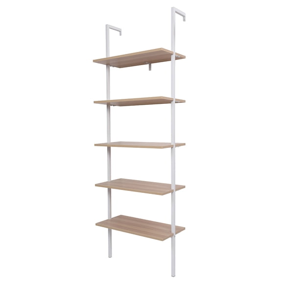 UWR-Nite Industrial Ladder Shelf, 5-Tier Wood Wall-Mounted Bookcase with Stable Metal Frame, 71 Inches Storage Rack Shelves Display Plant Flower, Stand Bookshelf for Home Office