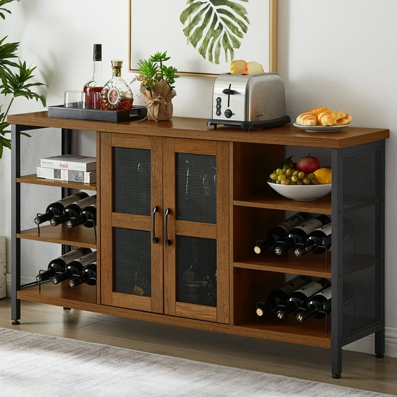 UWR-Nite Industrial Wine Bar Cabinet for Liquor and Glasses, Farmhouse Wood Coffee Bar Cabinet with Wine Rack, Metal Sideboard and Buffet Cabinet