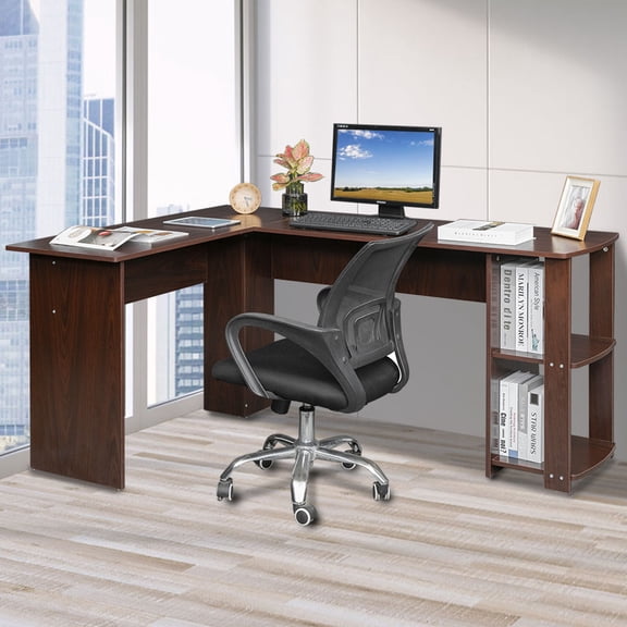 UWR-Nite L-Shaped Desk, Corner Computer Desk w/ 2-Tier Open Bookshelves & Spacious Tabletop, Space Saving Corner Desk for Studying Gaming Working, Home Office Desk