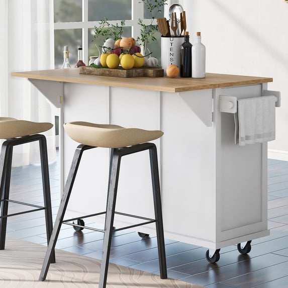 UWR-Nite Mobile Kitchen Island Cart with Rubber Wood Drop-Leaf Countertop and Internal Storage Racks,Cabinet with 5 Wheels and 3 Drawers,for Dining Room Bathroom