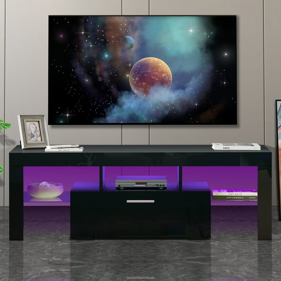 UWR-Nite Modern TV Stand for 32/50/55+ Inch TV, Entertainment Center with Led Lights, High Gloss Television Stands for Video Gaming, TV Console with Storage and Shelves for Living Room Bedroom