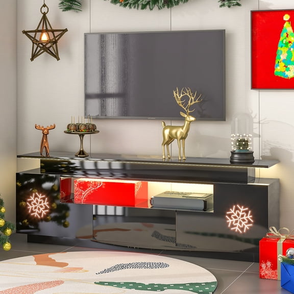 UWR-Nite Modern TV Stands with 16 Colors Changing LED Lights, 2 Storage Cabinet, Drawer and DVD Shelves, High Gloss TV Console for TV Up to 75", Living Room Bedroom