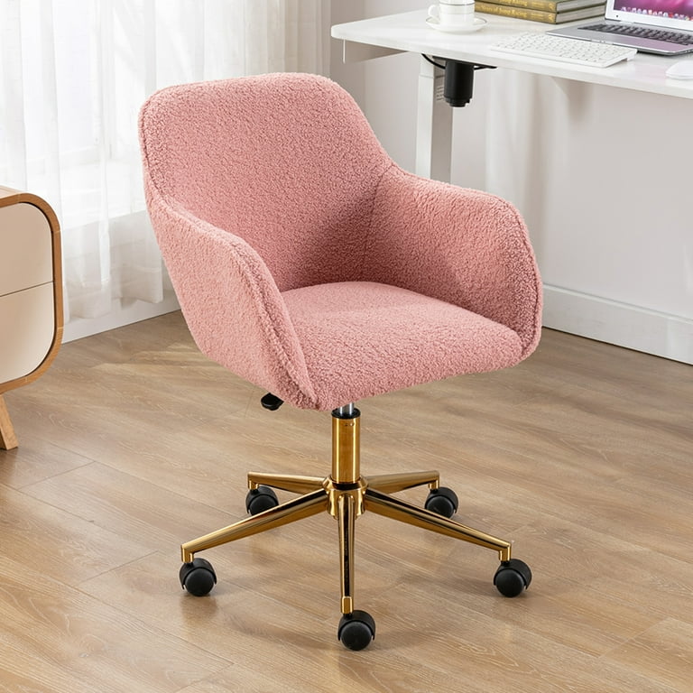 UWR Nite Modern Teddy Home Office Chair Upholstered Cute Desk Chair with Gold Metal Legs Adjustable Swivel Task Chair with Wheels Vanity Chair for