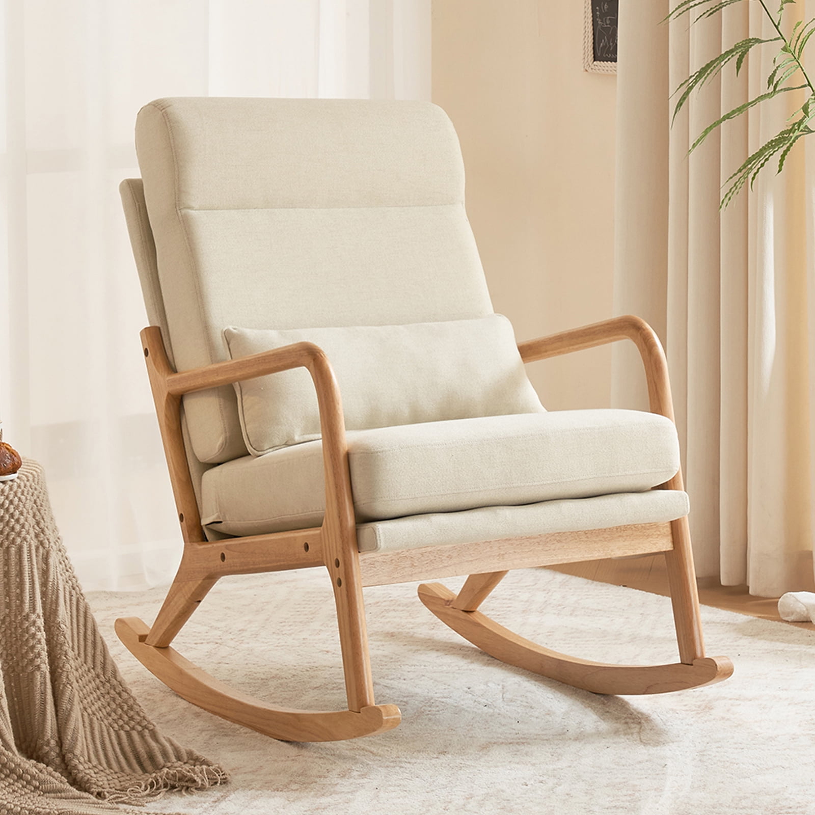 UWR-Nite Rocking Chair Nursery, 25.2" High Backrest Mid-Century Rocking Chair with Wooden Armrest Upholstered Glider Rocker with Free Lumbar Pillow for Living Room