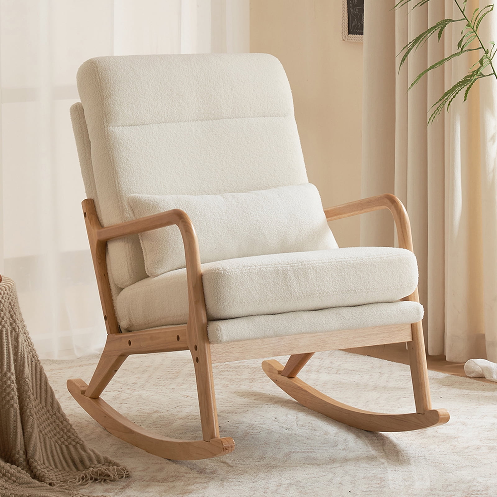 UWR-Nite Rocking Chair Nursery, 25.2" High Backrest Mid-Century Rocking Chair with Wooden Armrest Upholstered Glider Rocker with Free Lumbar Pillow for Living Room