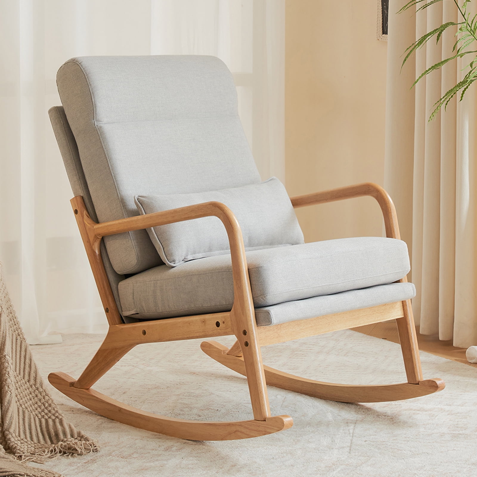 UWR-Nite Rocking Chair Nursery, 25.2" High Backrest Mid-Century Rocking Chair with Wooden Armrest Upholstered Glider Rocker with Free Lumbar Pillow for Living Room