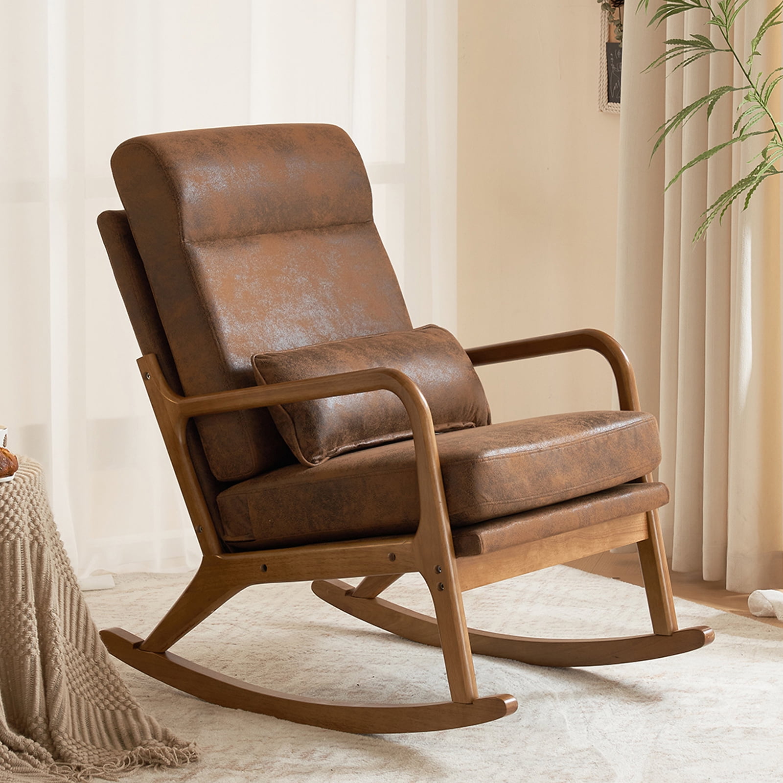 UWR-Nite Rocking Chair Nursery, 25.2" High Backrest Mid-Century Rocking Chair with Wooden Armrest Upholstered Glider Rocker with Free Lumbar Pillow for Living Room
