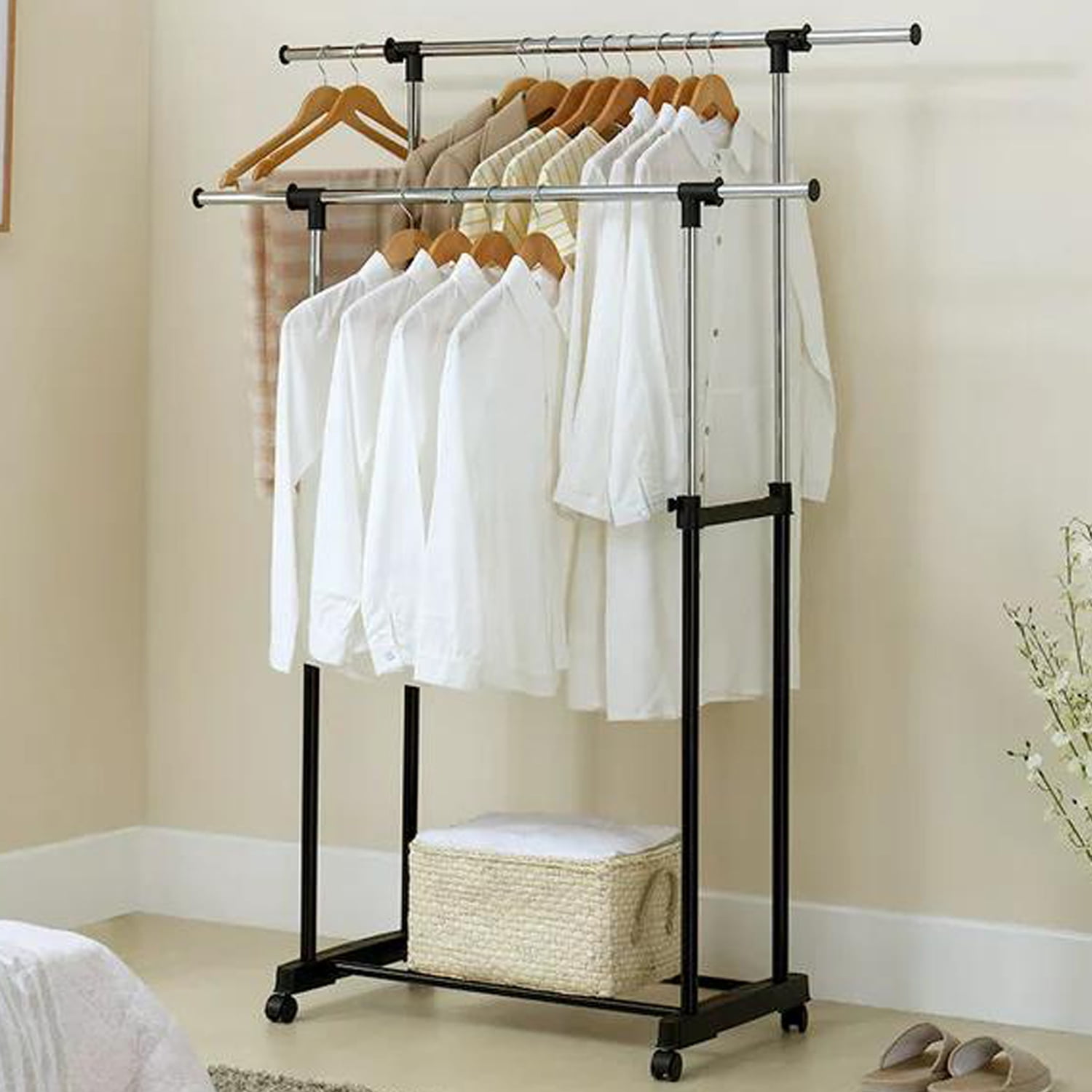 Mivnue Clothes Rack Clothing Drying Rack, Rolling Garment Rack for Hanging  Clothes, Small Metal Pipe Stand Coat Racks on Wheels with 2 Tier Shelves