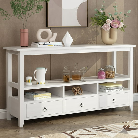 UWR-Nite Rustic Console Table, 58" Long Table Sofa with 3 Drawer and Three Intermediate Compartments, Double-Storey Tabletop, for Living Room, Entryway