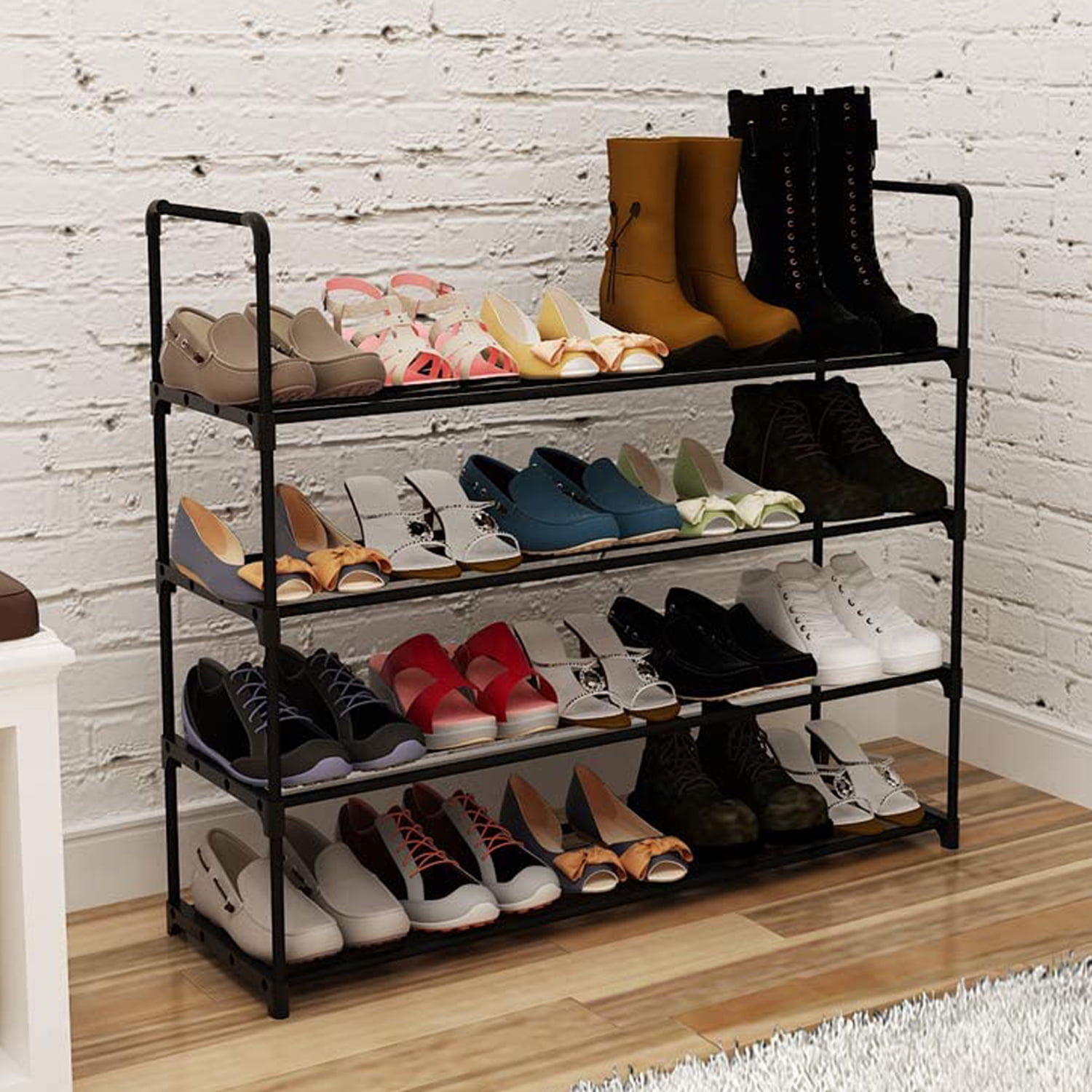 Black 4-Tier Stackable Metal and Plastic Shoe Rack