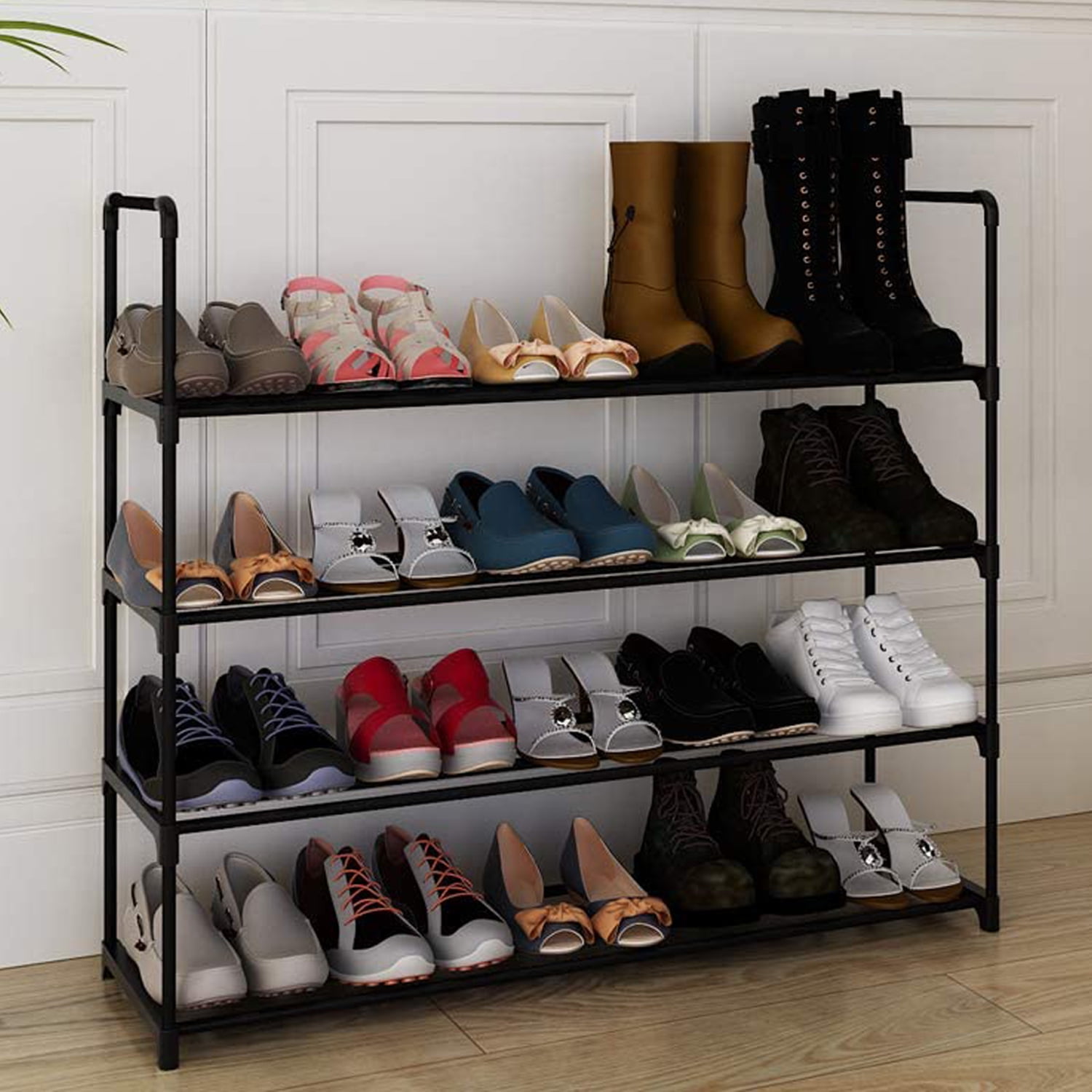 Black 4-Tier Stackable Metal and Plastic Shoe Rack
