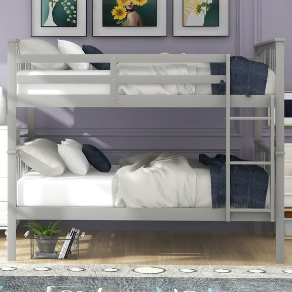 UWR-Nite Solid Wood Full Over Full Bunk Bed with Ladder for Bedroom, No Box Spring Needed, Gray