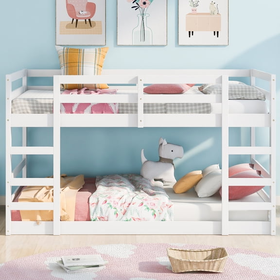 UWR-Nite Solid Wood Twin over Twin Floor Bunk Beds with Ladder and Guard Rail