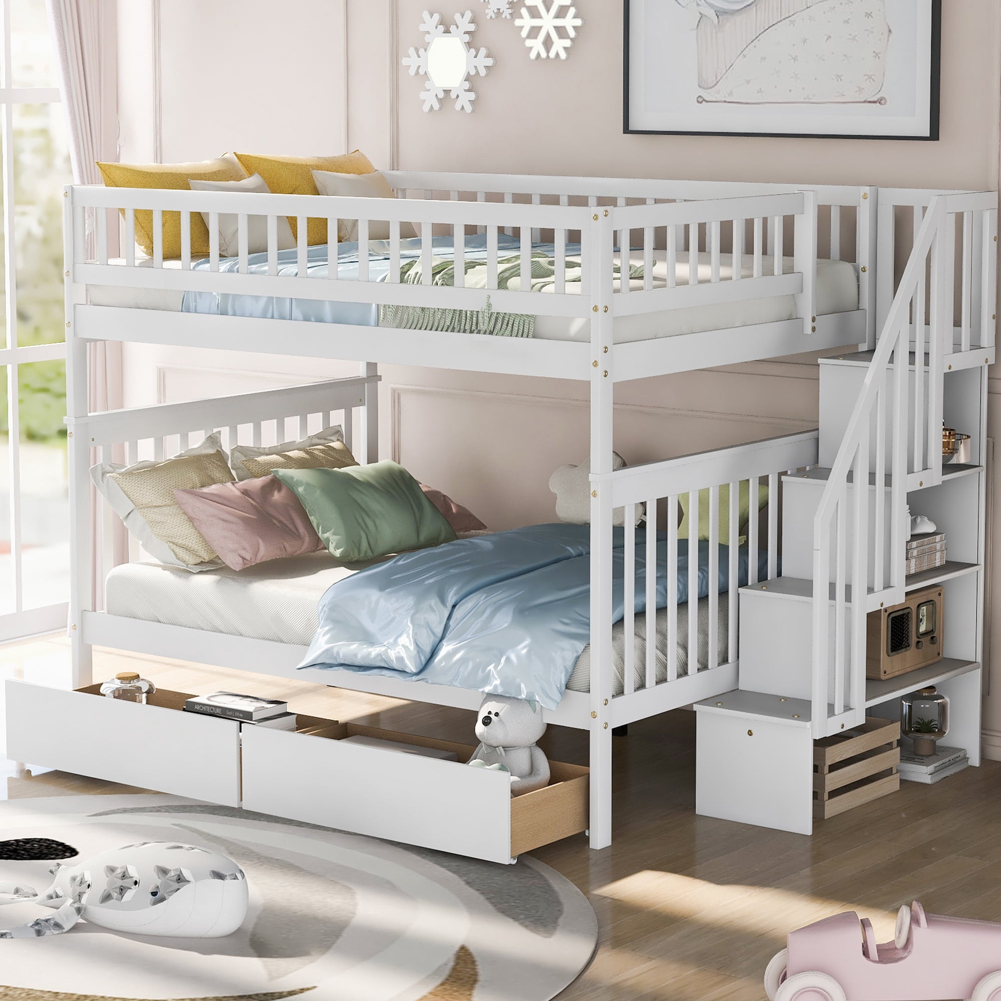 UWR-Nite Stairway Full over Full Wood Bunk Bed with Three Drawers and 4 ...